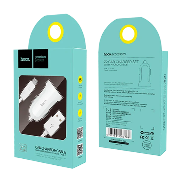 Автомобильное З/У HOCO Z2 1USB 1.5A с кабелем microUSB белый (1/28/280)