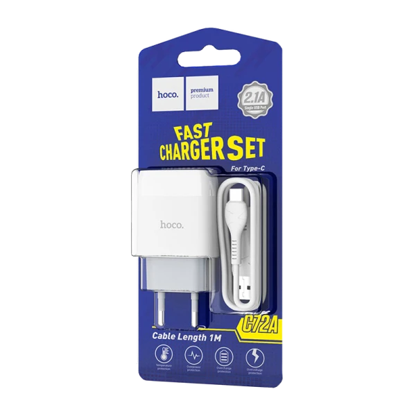 Сетевое З/У HOCO C72A 1USB 2.1A с кабелем Type-C белый (1/30/180)