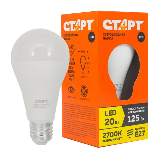 Лампа светодиодная Старт GLS E27 20W 3000К 220V груша Eco матовая (1/10/100)