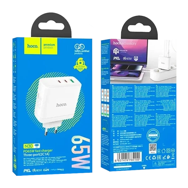 Сетевое З/У HOCO N30 1USB/2Type-C 65W QC3.0 белый (1/12/120)