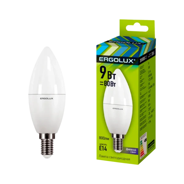 Лампа светодиодная Ergolux C35 E14 9W 6500К 172-265V свеча (1/10/100)