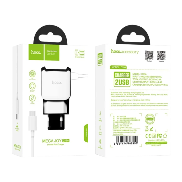 Сетевое З/У HOCO C59A 2USB microUSB (m) 2.1A белый (1/22/132)