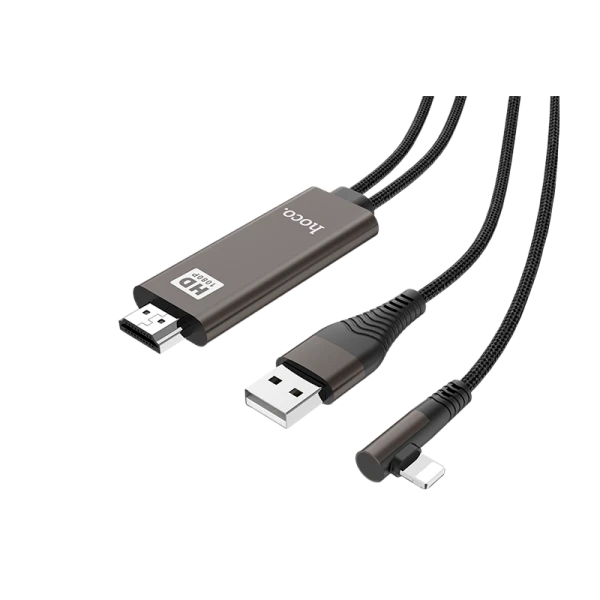 Кабель HOCO UA14 USB (m)-Lightning/HDMI (m) 2.0м 2.0A нейлон черный (1/82)