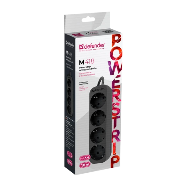 Удлинитель Defender M418 4р.С/З 10A 1.8м черный (1/45)