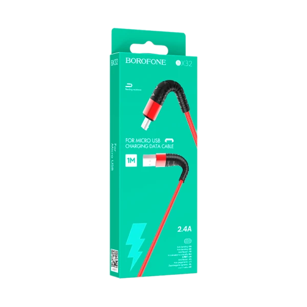 Кабель Borofone BX32 USB (m)-microUSB (m) 1.0м 2.4A нейлон красный (1/360)