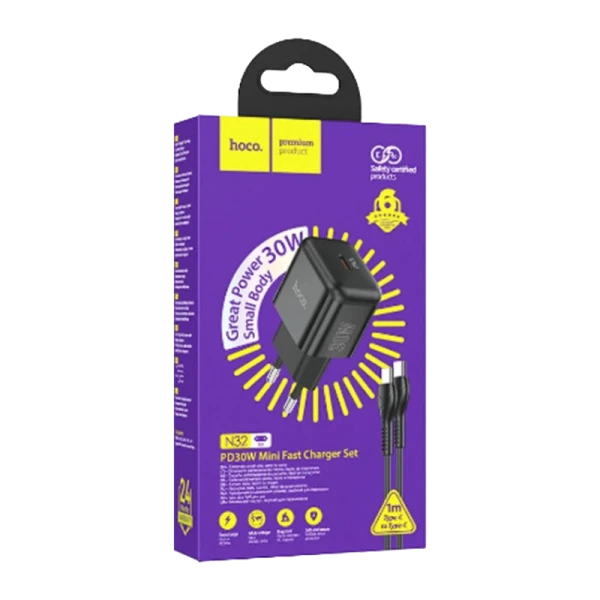 Сетевое З/У HOCO N32 Type-C 30W PD3.0 с кабелем Type-C-Type-C черный (1/13/130)
