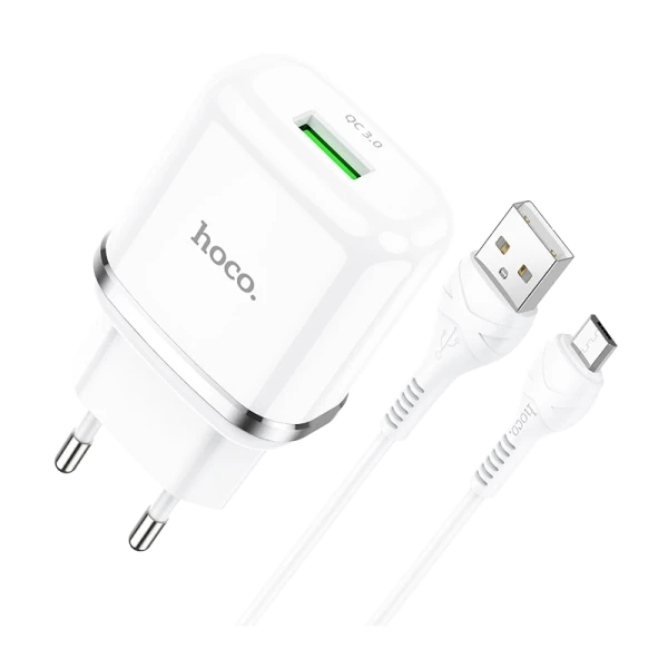 Сетевое З/У HOCO N3 1USB 3.0A 18W QC3.0 с кабелем microUSB белый (1/12/120)