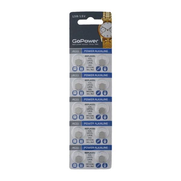 Батарейка GoPower G11/LR721/LR58/362A/162 BL10 Alkaline 1.55V (10/1000/3600)