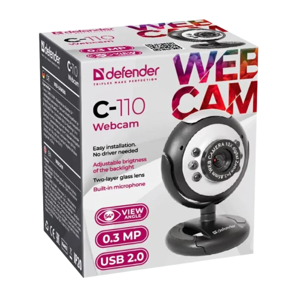 Веб-камера Defender C-110 CMOS 640x480 0.3Мп USB+Jack 3.5мм черный (1/50)