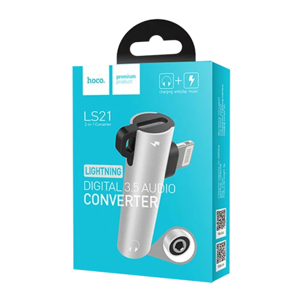 Переходник AUX HOCO LS21 Jack 3.5mm (f)-Lightning (m)/Lightning (f) пластик серебряный (1/30/300)