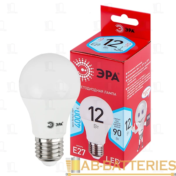 Лампа светодиодная ЭРА A60 E27 12W 4000К 220-240V груша RED LINE (1/10/100)
