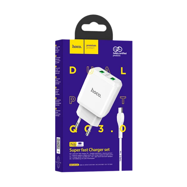 Сетевое З/У HOCO N6 2USB 3.0A QC3.0 с кабелем Type-C белый (1/12/120)