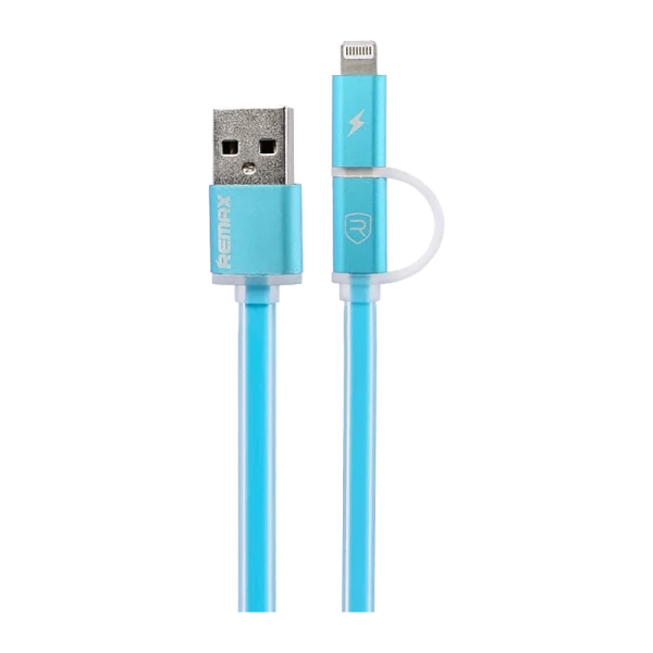 USB Кабель REMAX Aurora 2in1 (Micro-Iphone 5/6/7/SE) (1M, 2.1A) RC-020t Голубой