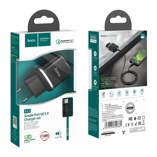 Сетевое З/У HOCO N3 1USB 3.0A 18W QC3.0 с кабелем microUSB черный (1/12/120)