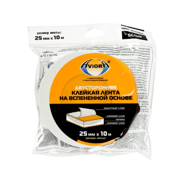 Клейкая лента Aviora 25*10мм двусторонняя вспененная основа белый (1/36)