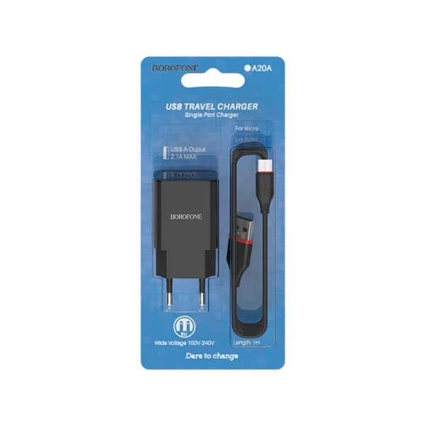 Сетевое З/У Borofone BA20A 1USB 2.1A с кабелем microUSB черный (1/48/192)