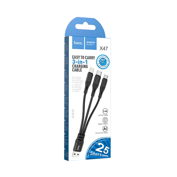 Кабель HOCO X47 USB (m)-Lightning/Type-C/microUSB (m) 0.25м 2.4A нейлон черный (1/31/310)