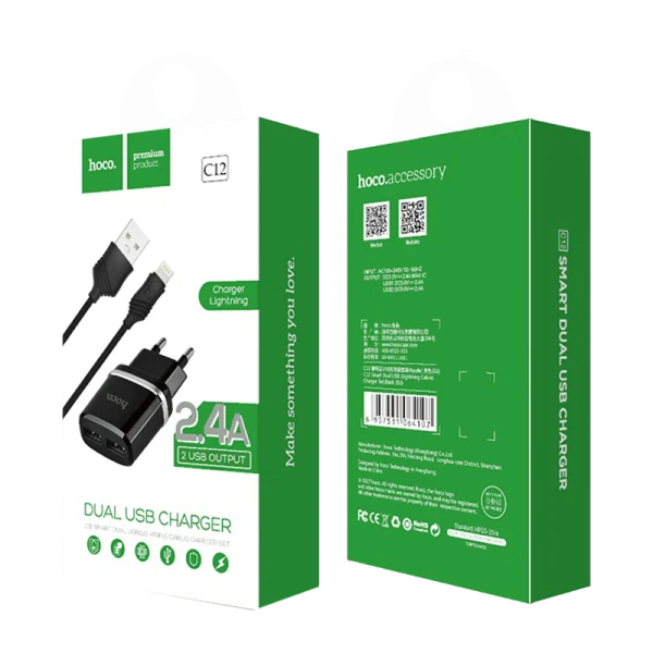 Сетевое З/У HOCO C12 2USB 2.4A с кабелем Lightning черный (1/10/100)