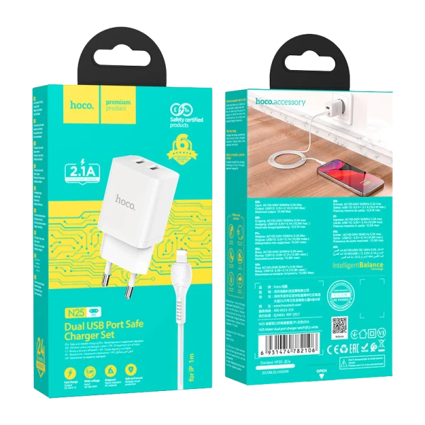 Сетевое З/У HOCO N25 2USB 2.1A с кабелем Lightning белый (1/13/130)