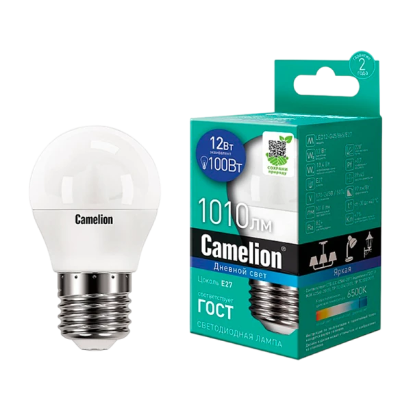 Лампа светодиодная Camelion G45 E27 12W 6500К 170-265V груша матовая (1/10/100)