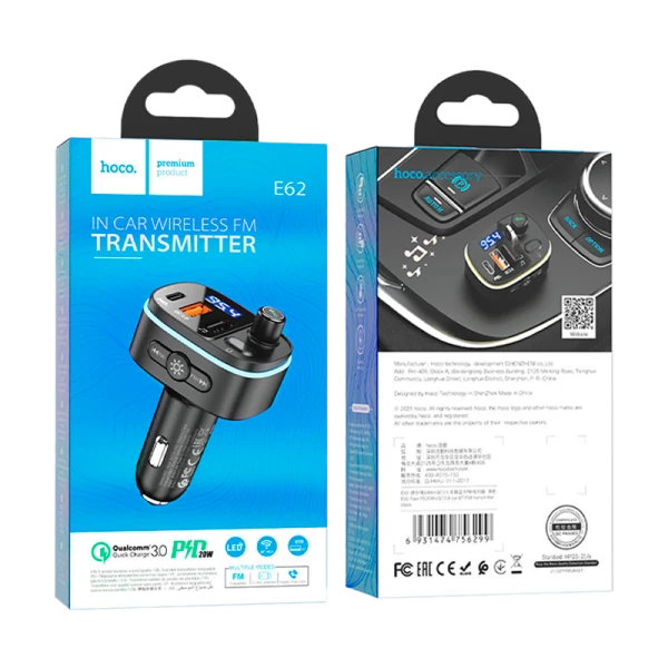 FM-трансмиттер HOCO E62 2USB+Type-C microSD bluetooth 5.0 черный (1/120)