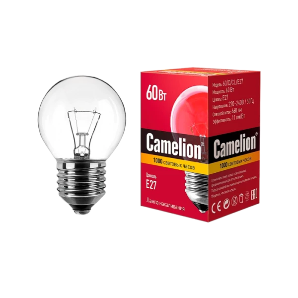 Лампа накаливания Camelion E27 60W 220V шар прозрачная (1/100)