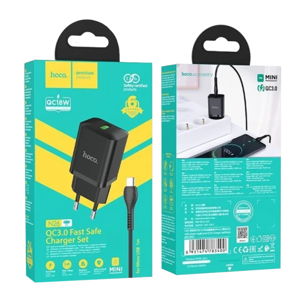 Сетевое З/У HOCO N26 1USB 18W QC3.0 с кабелем microUSB черный (1/13/130)