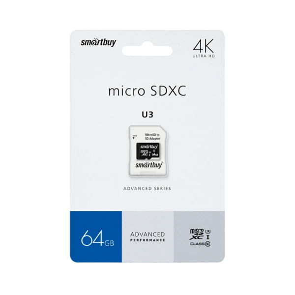 Карта памяти microSD Smartbuy Advanced Series 64GB Class10 UHS-I (U3) 90 МБ/сек V30 A1 с адаптером