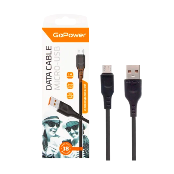 Кабель GoPower GP01M USB (m)-microUSB (m) 1.0м 2.4A ПВХ черный (1/200/800)