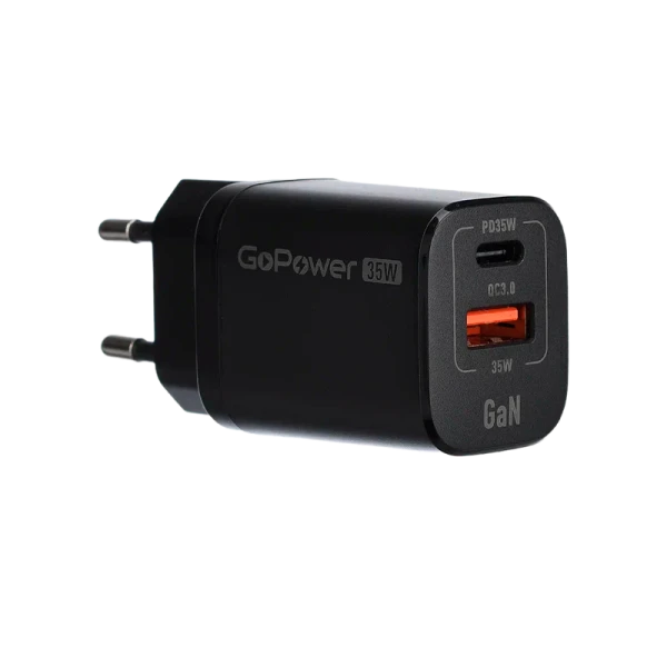 Сетевое З/У GoPower GPQC09 1USB+1Type-C 35W QC3.0 GaN черный