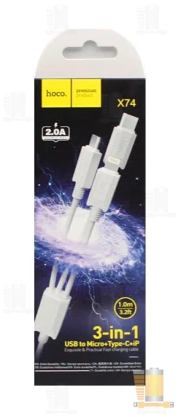 Кабель HOCO X74 USB (m)-2хType-C/Lightning/microUSB (m) 1.0м 2.0A ПВХ белый (1/31/310)