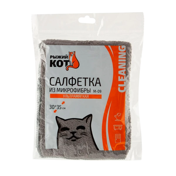 Салфетка Рыжий кот M-09 30х35см микрофибра ультрамягкая серый (1/20/100)