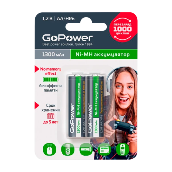 Аккумулятор бытовой GoPower HR6 AA BL2 NI-MH 1300mAh (2/20/240)