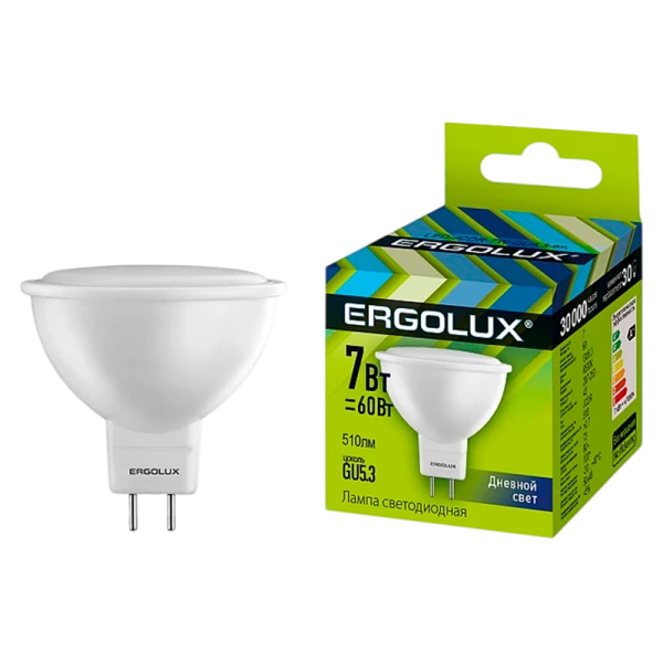 Лампа светодиодная Ergolux JCDR GU5.3 7W 6500К 172-265V софит (1/10/100)