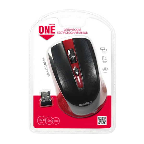 Мышь беспроводная Smartbuy 352AG ONE классическая USB красный черный (1/60)