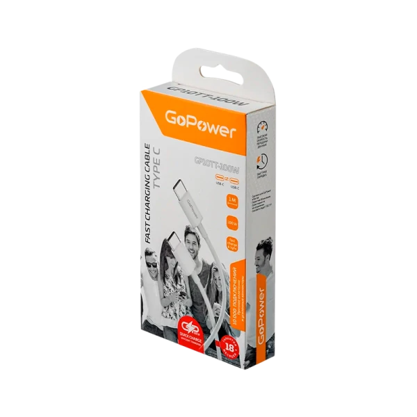 Кабель GoPower GP10TT-100W Type-C (m)-Type-C (m) 1.0м 100W белый (1/200/800)