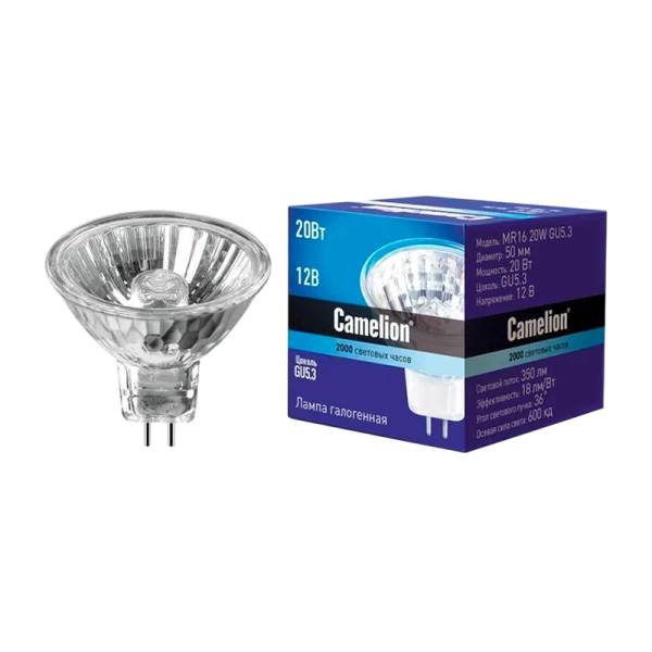 Лампа галогенная Camelion MR16 GU5.3 20W 2800К 12V софит 50мм прозрачная (1/10/200)
