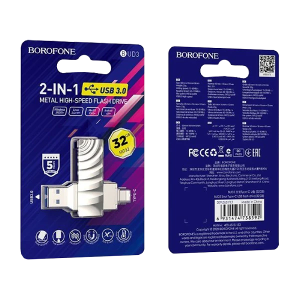 Флеш-накопитель Borofone Soul BUD3 32GB USB3.0 Type-C (m) металл серый (1/25)