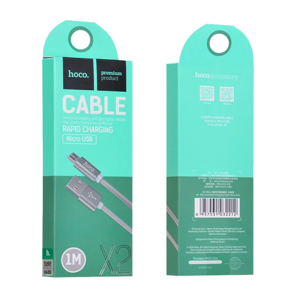 Кабель HOCO X2 USB (m)-microUSB (m) 1.0м 2.1A нейлон серый (1/30/300)
