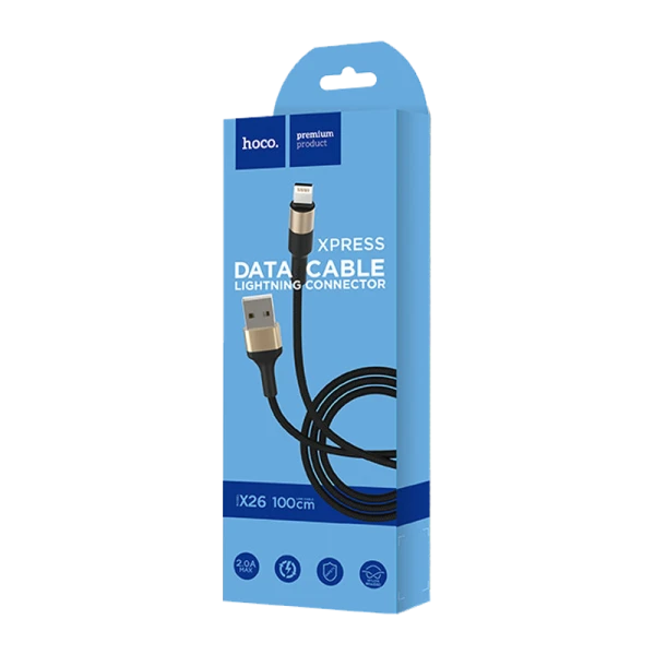 Кабель HOCO X26 USB (m)-Lightning (m) 1.0м 2.0A нейлон черный золотой (1/30/300)