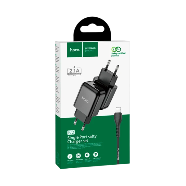 Сетевое З/У HOCO N2 1USB 2.0A с кабелем Lightning черный (1/13/130)
