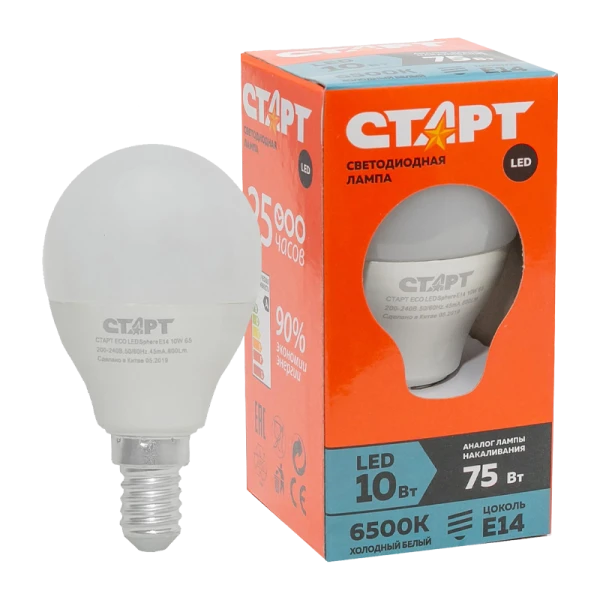 Лампа светодиодная Старт E14 10W 6500К 220-240V шар Eco матовая (1/10/100)