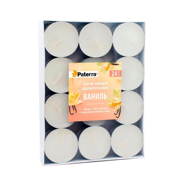 Свечи чайные в гильзе, литые, аромат ванили, 24 шт. в картонной подложке PATERRA (1/20)