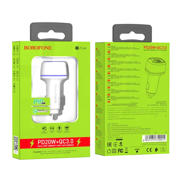 Автомобильное З/У Borofone BZ14A 1USB/Type-C 3.0A 20W QC3.0 белый (1/42/168)