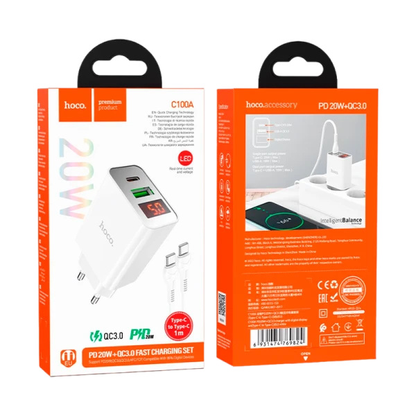 Сетевое З/У HOCO C100A 1USB/Type-C 3.0A 20W QC3.0 дисплей белый (1/13/130)
