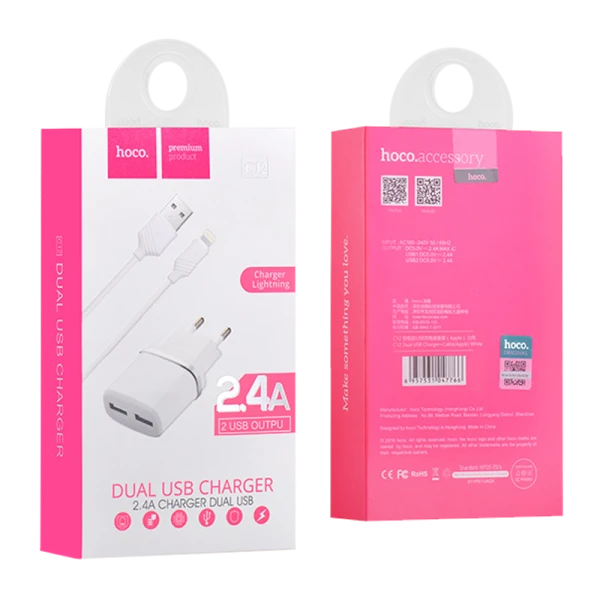 Сетевое З/У HOCO C12 2USB 2.4A с кабелем Lightning белый (1/10/100)
