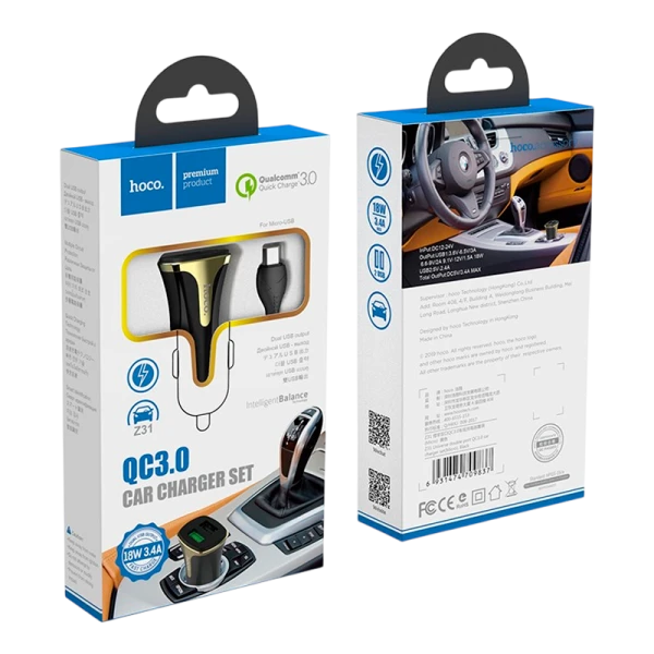 Автомобильное З/У HOCO Z31 2USB 3.4A QC3.0 с кабелем microUSB черный (1/14/140)