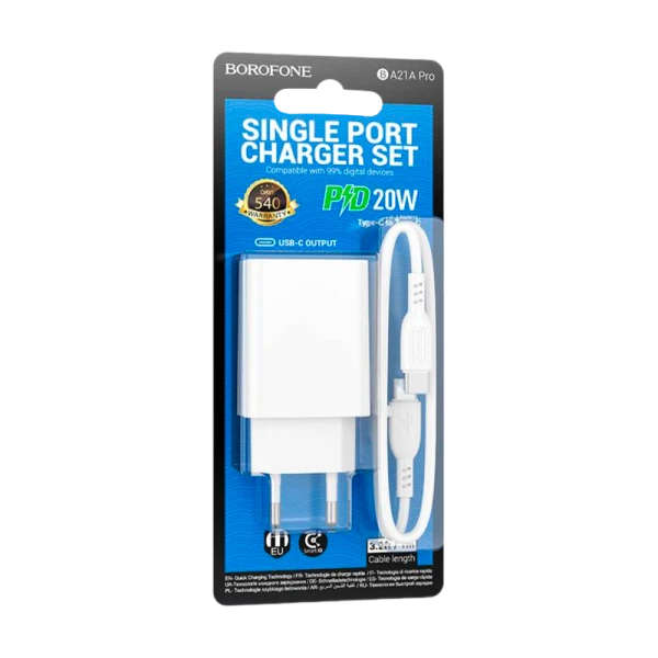 Сетевое З/У Borofone BA21Apro Type-C 3.0A 20W QC3.0 с кабелем Type-C белый (1/48/192)