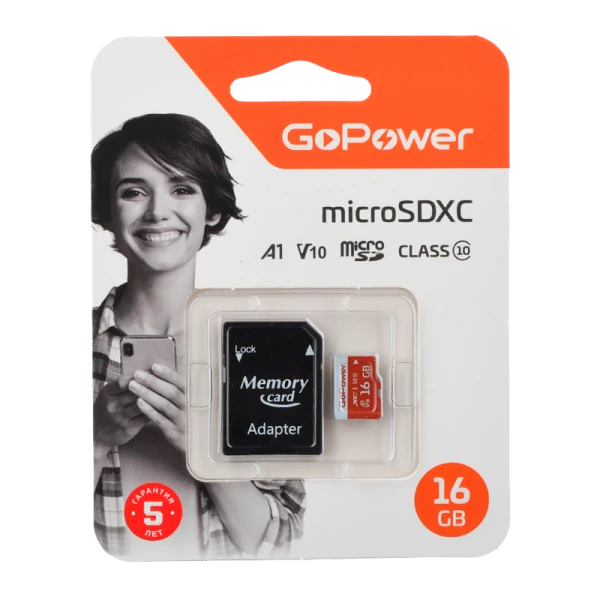 Карта памяти microSD GoPower 16GB Class10 UHS-I (U3) 80 МБ/сек V10 с адаптером