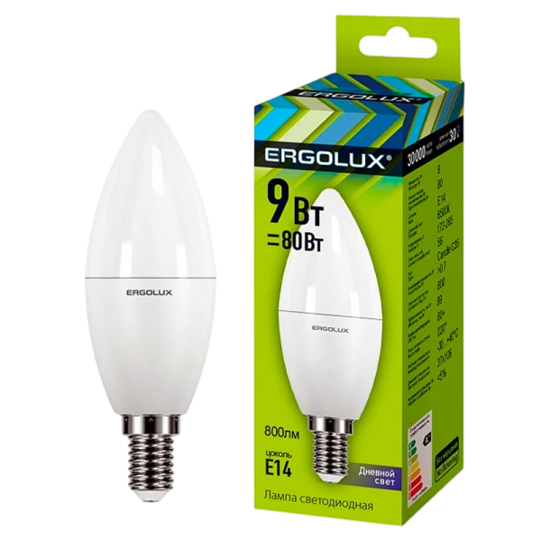Лампа светодиодная Ergolux C35 E14 9W 6500К 172-265V свеча (1/10/100)